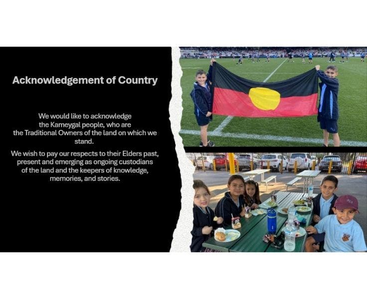 Two students holding the aboriginal flag and students sitting at a table enjoying morning tea.